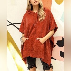 NWOT Raj Textured Knit Hooded Poncho Beach Pullover Rust Color Women One Size
